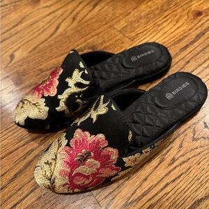 Birdies Black Floral Brocade Slide Mules